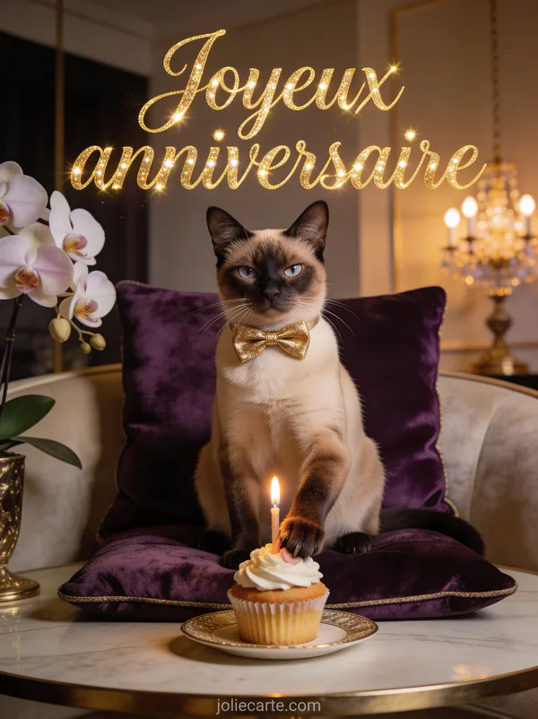 Chat siamois portant un noeud papillon doré assis sur un coussin de velours pourpre avec une patte sur un cupcake