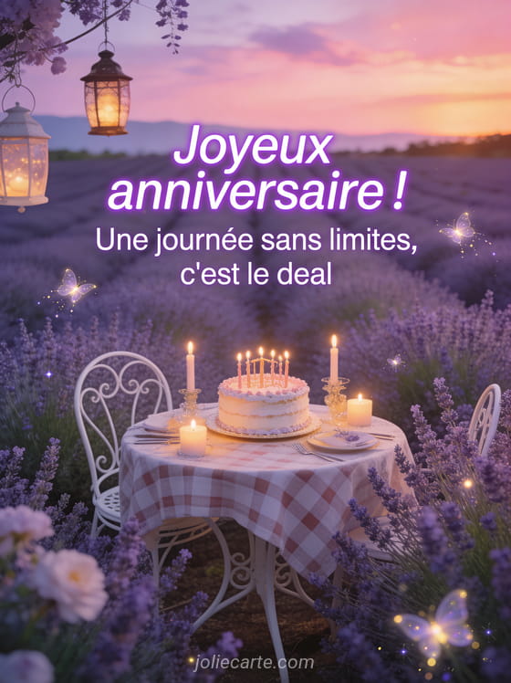 Champ de lavande provençal sous un coucher de soleil rose avec table en fer forgé et gâteau au milieu des lavandes