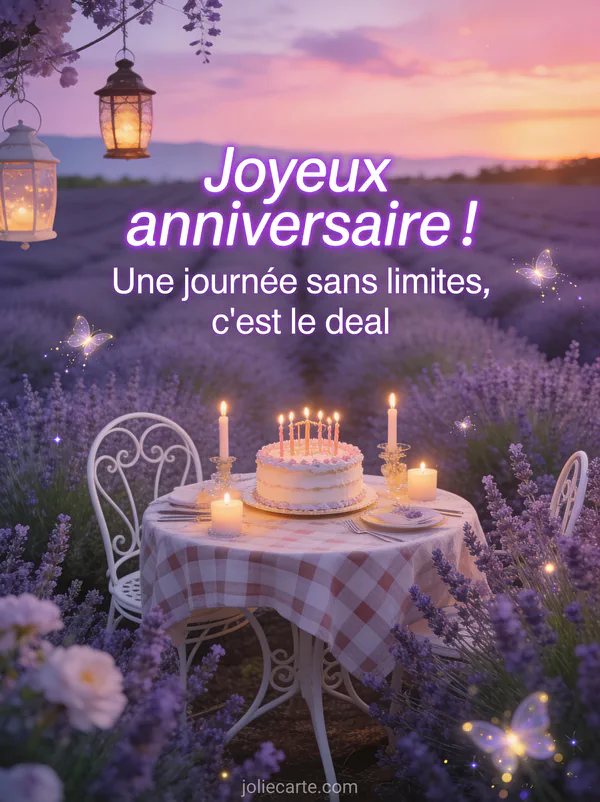 Champ de lavande provençal sous un coucher de soleil rose avec table en fer forgé et gâteau au milieu des lavandes