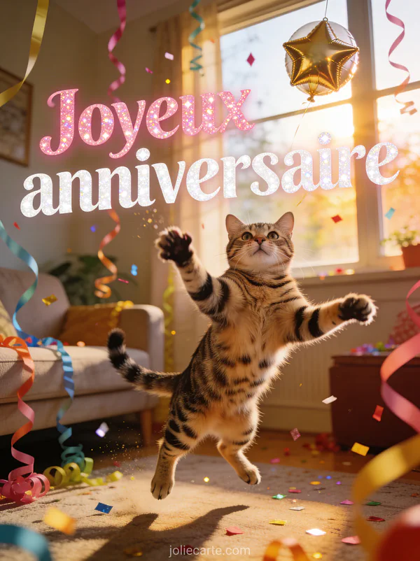 Chat tigré en plein bond pour attraper un ballon doré en forme d'étoile avec pattes écartées et confettis multicolores