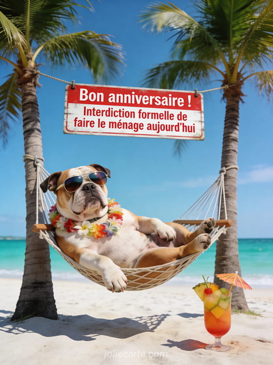 Bulldog anglais allongé dans un hamac entre deux palmiers avec lunettes de soleil aviator et collier hawaïen sur une plage