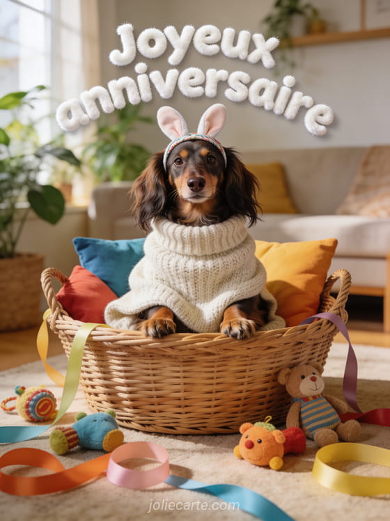 Teckel à poil long portant un pull en laine trop grand et un serre-tête oreilles de lapin dans un panier en osier coloré