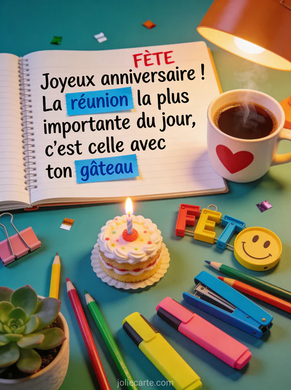 Bureau vu du dessus avec agenda marqué FÊTE, tasse de café en coeur, mini gâteau avec bougie et trombones en smiley