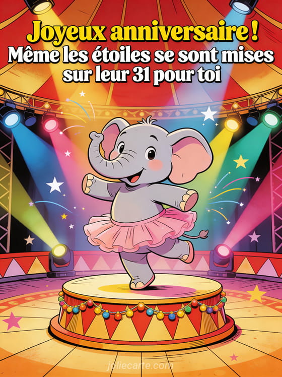Éléphant cartoon portant un tutu rose dansant sur une scène de cirque avec projecteurs et étoiles filantes