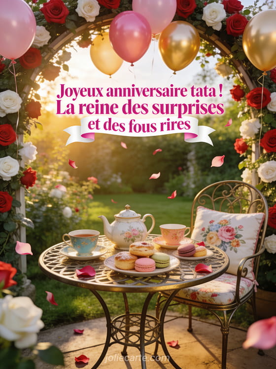 Jardin anglais avec arche de roses rouges et blanches, table de thé vintage avec théière, scones et macarons, ballons roses