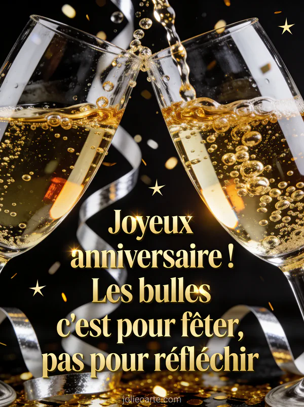 Deux coupes de champagne qui trinquent en gros plan avec bulles dorées montant en cascade et paillettes sur fond noir
