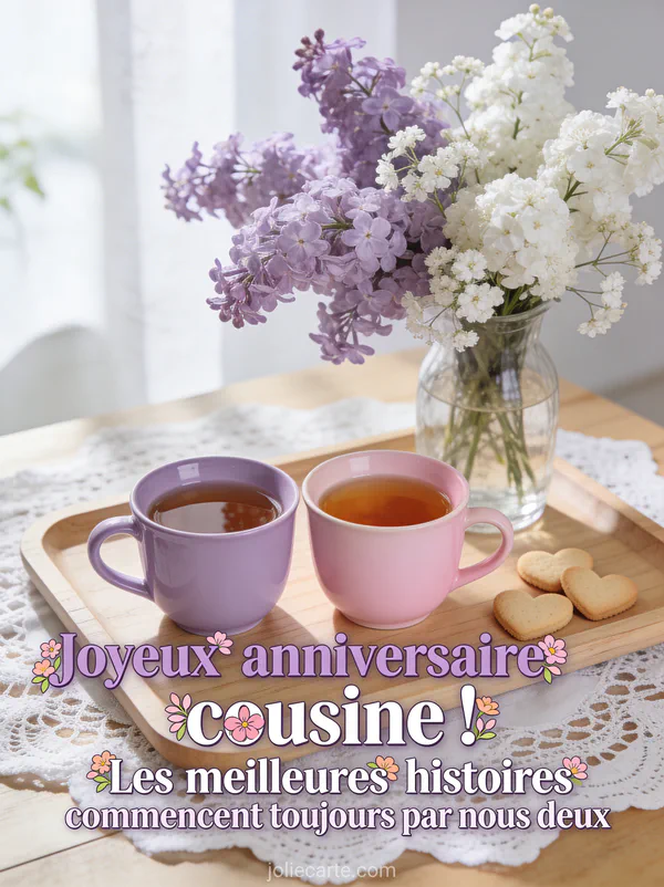Deux tasses de thé colorées sur un plateau en bois avec sablés en coeur, bouquet de lilas et gypsophile, nappe en dentelle