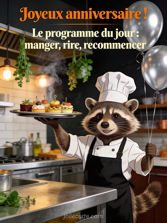 Raton laveur en tablier de chef tenant un plateau de petits fours dans une cuisine de restaurant avec ballons argentés