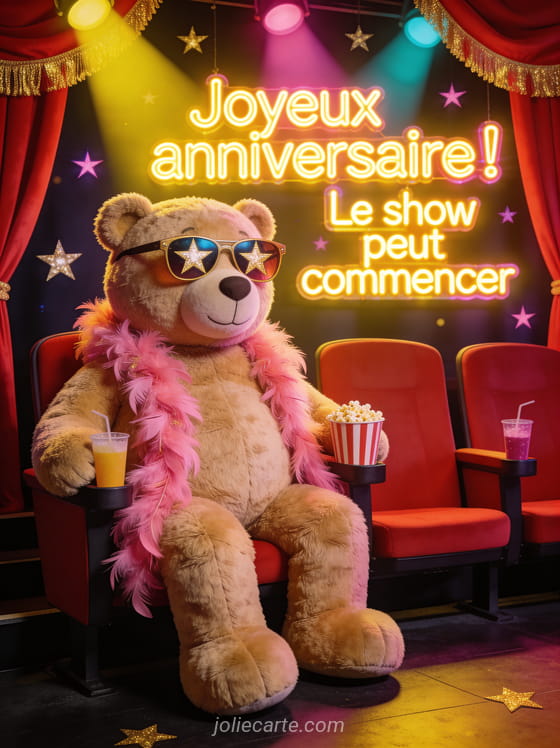 Ours en peluche géant portant des lunettes étoiles et un boa en plumes roses sur un fauteuil de cinéma rouge avec popcorn