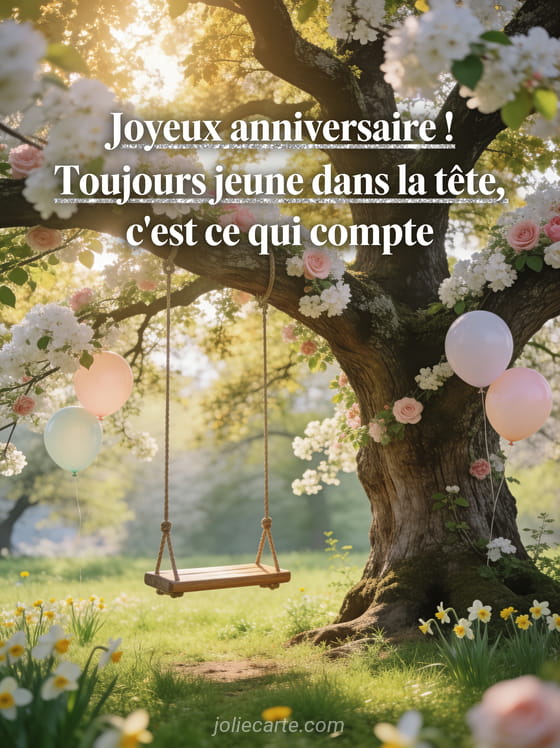 Chêne centenaire en pleine floraison avec fleurs blanches et roses, balançoire en bois et prairie verte avec ballons pastels
