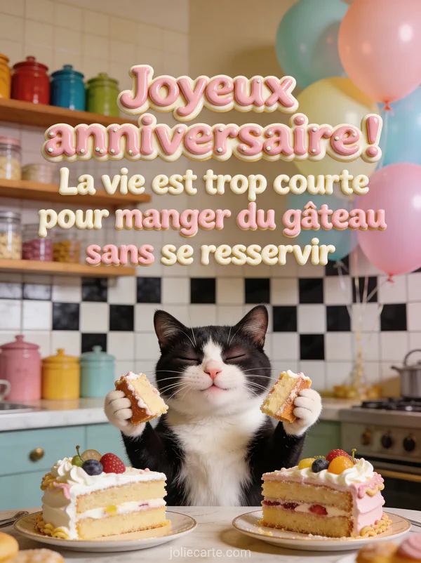 Chat noir et blanc assis devant deux parts de gâteau avec expression de bonheur dans une cuisine rétro avec ballons pastels