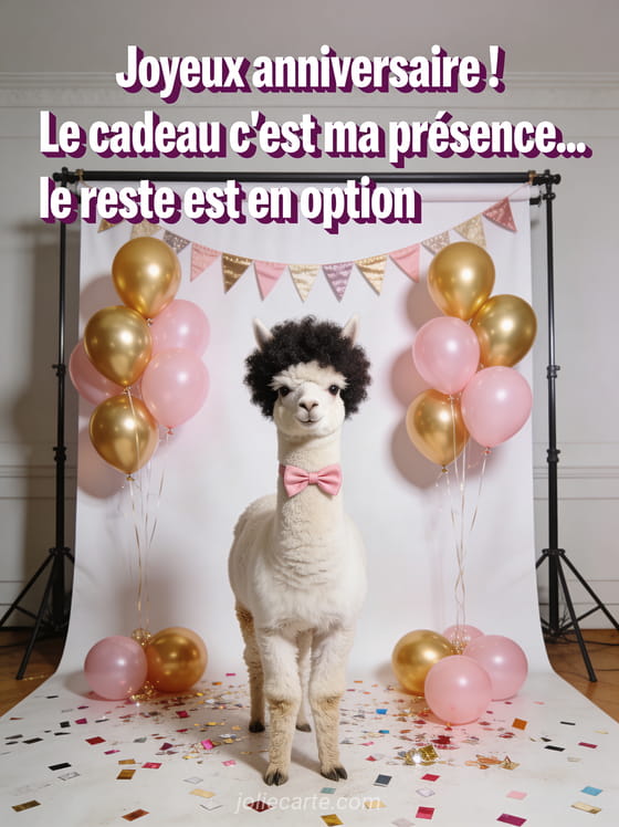 Alpaga blanc à coupe afro portant un noeud papillon rose devant un mur de ballons dorés et roses en photobooth