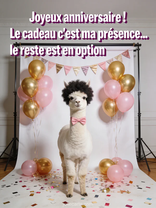 Alpaga blanc à coupe afro portant un noeud papillon rose devant un mur de ballons dorés et roses en photobooth