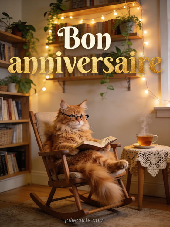 Chat maine coon roux assis dans un fauteuil à bascule avec petites lunettes de lecture et tasse de thé dans un décor cosy