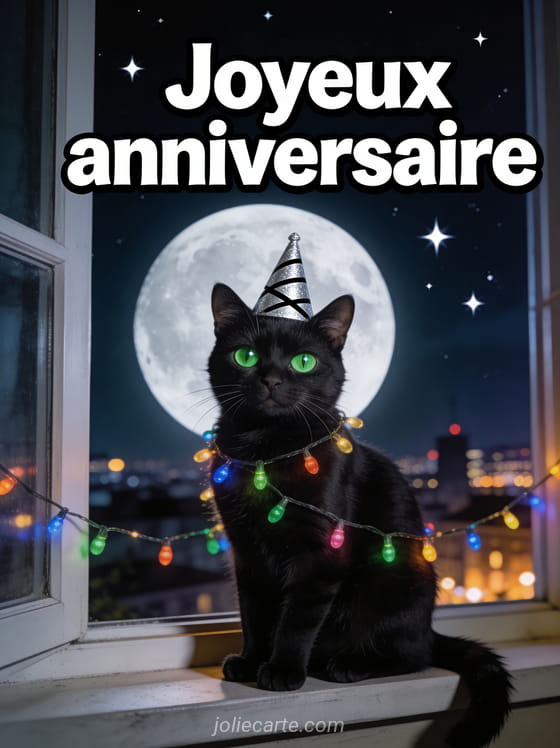 Chat noir aux yeux verts perçants portant un chapeau de fête argenté sur un rebord de fenêtre la nuit avec lune et guirlandes