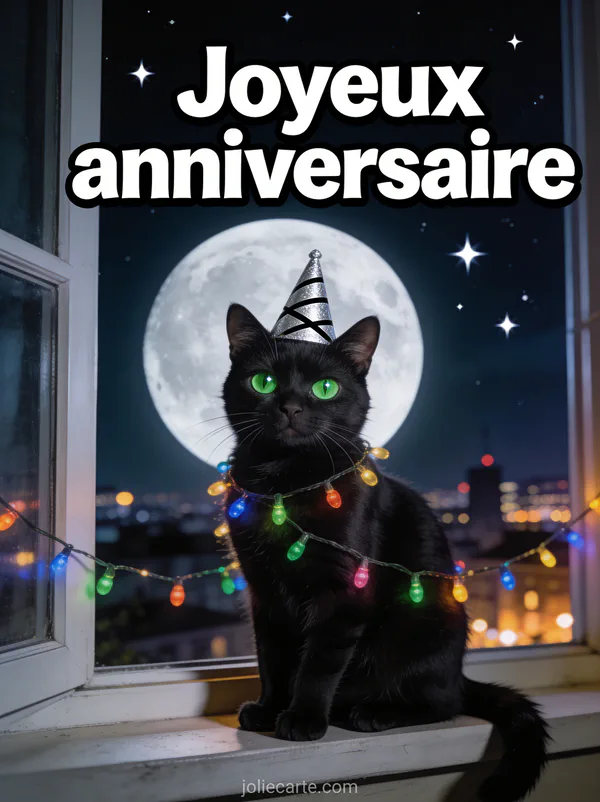 Chat noir aux yeux verts perçants portant un chapeau de fête argenté sur un rebord de fenêtre la nuit avec lune et guirlandes