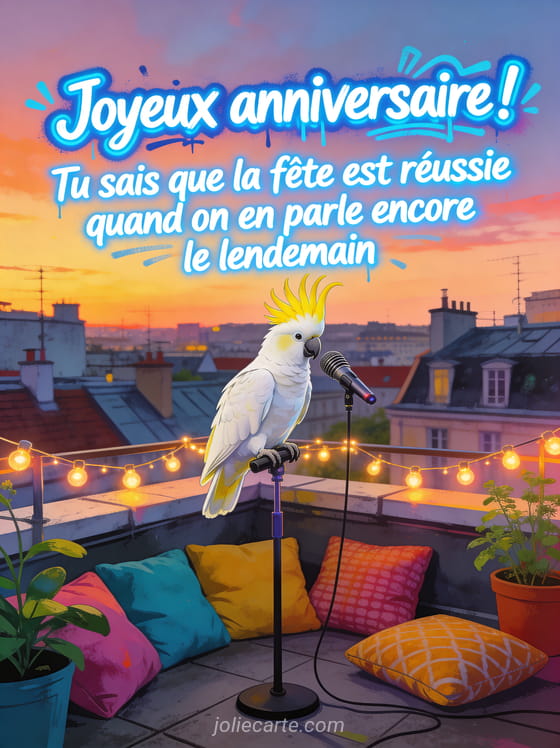 Cacatoès blanc avec crête jaune dressée perché sur un micro de karaoké sur un rooftop au coucher du soleil avec guirlandes