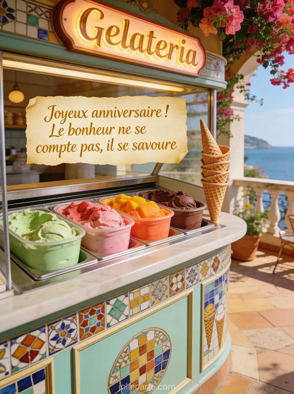 Comptoir de glacier italien avec bacs de gelato colorés, cornets empilés et décor de gelateria vintage avec terrasse ensoleillée