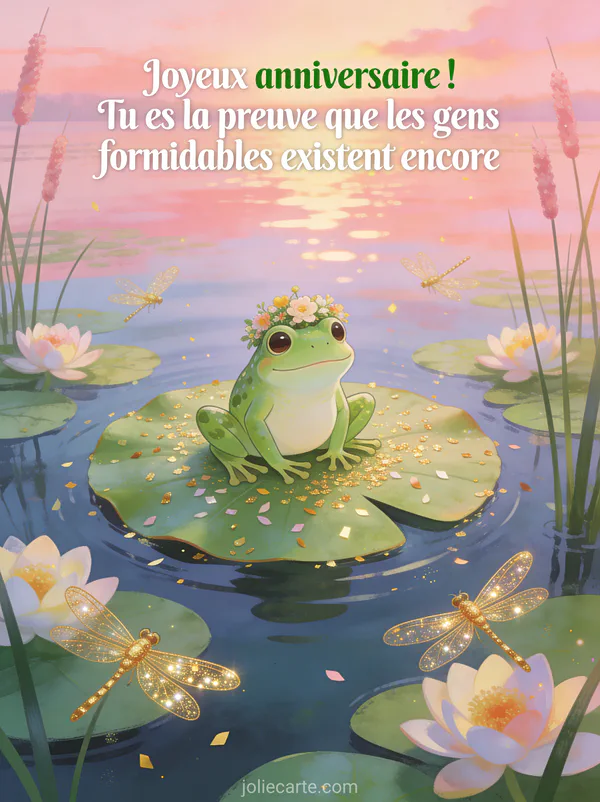 Grenouille verte assise sur un nénuphar géant avec couronne de fleurs et confettis dorés dans un étang avec libellules