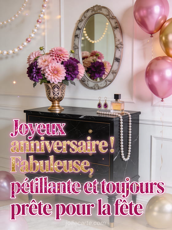 Arrangement de dahlias roses et violets dans un vase art déco doré sur une commode en marbre avec ballons roses et or