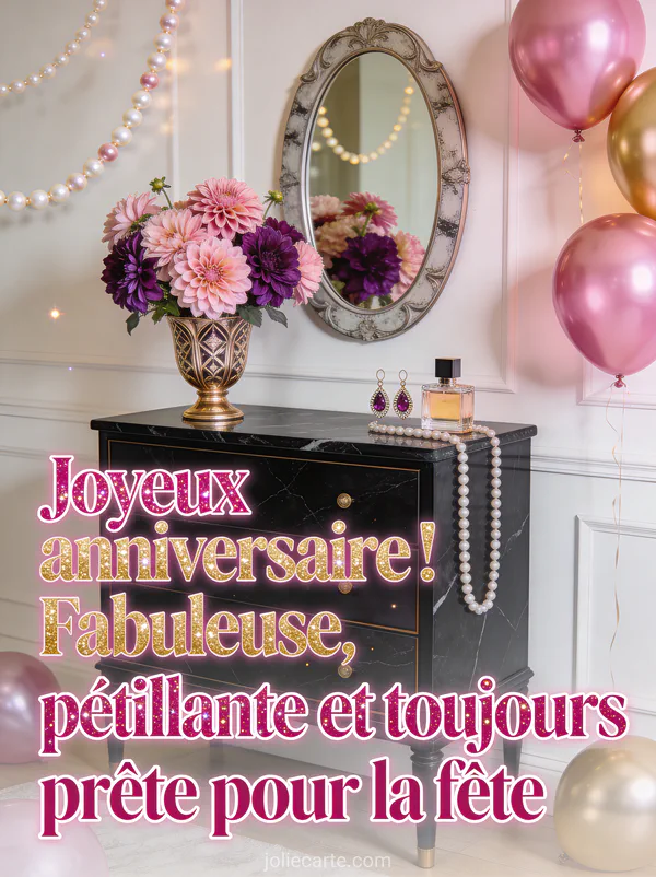 Arrangement de dahlias roses et violets dans un vase art déco doré sur une commode en marbre avec ballons roses et or