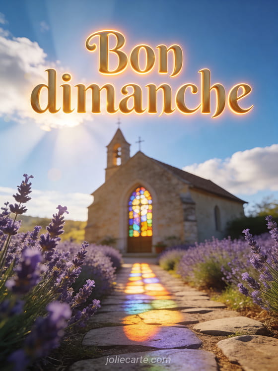 Chapelle de campagne baignée de lumière dorée matinale avec vitrail coloré, chemin de pierre bordé de lavande et texte Bon dimanche en lettres dorées