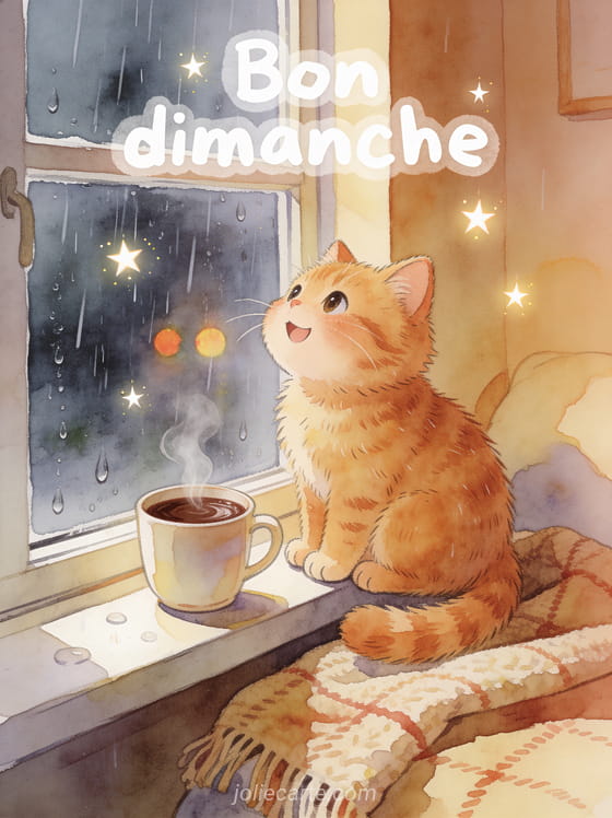 Chat roux pelucheux assis sur le rebord d'une fenêtre regardant la pluie avec une tasse de chocolat chaud et un plaid, texte Bon dimanche