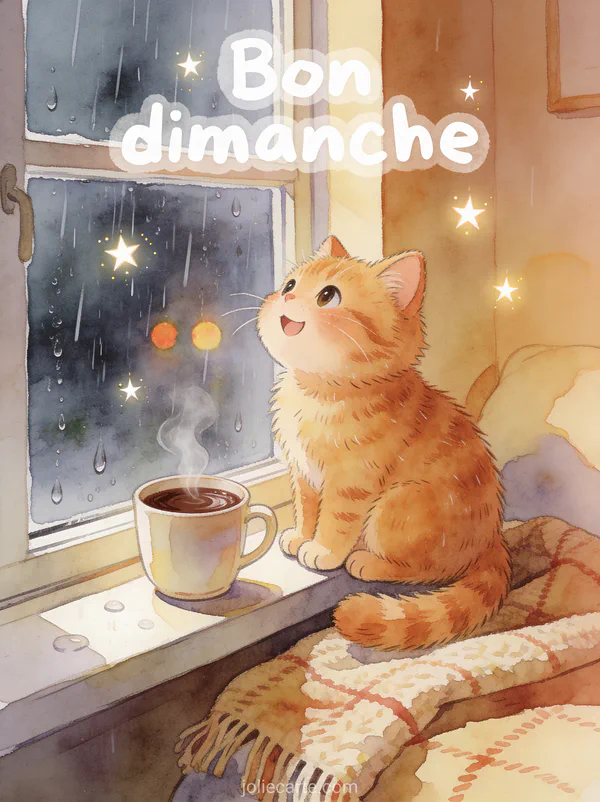 Chat roux pelucheux assis sur le rebord d'une fenêtre regardant la pluie avec une tasse de chocolat chaud et un plaid, texte Bon dimanche