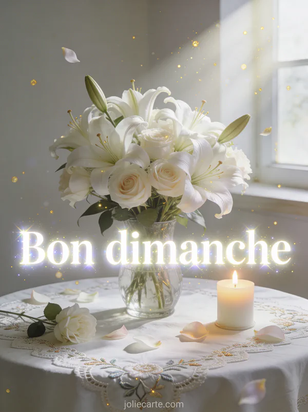 Bouquet de lys et roses blanches dans un vase en verre avec bougie allumée, rayon de soleil matinal traversant une fenêtre, texte Bon dimanche lumineux