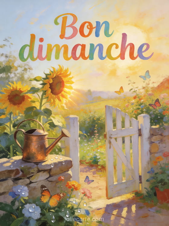 Petit jardin fleuri baigné de soleil avec portillon en bois blanc, tournesols géants, arrosoir en cuivre et papillons colorés, texte Bon dimanche