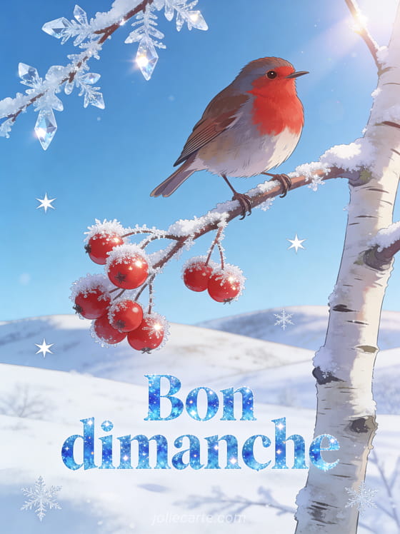 Rouge-gorge posé sur une branche enneigée de bouleau avec baies rouges givrées, paysage de collines enneigées sous un ciel bleu de janvier, texte Bon dimanche