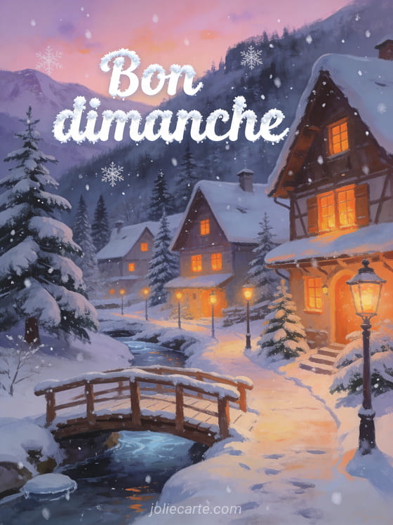 Village de montagne sous la neige avec chalets aux toits enneigés, flocons tombant doucement, pont de bois couvert de neige et sapins, texte Bon dimanche