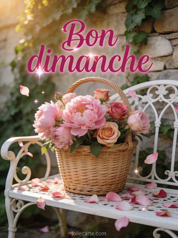 Arrangement de pivoines roses et roses anciennes dans un panier en osier sur un banc en fer forgé blanc, lumière dorée et mur de lierre, texte Bon dimanche