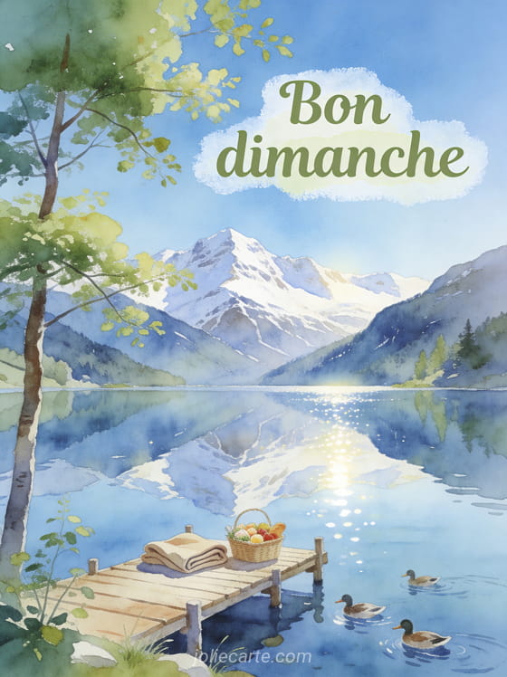 Lac de montagne calme reflétant les sommets enneigés, petit ponton en bois avec panier de brunch, canards sur l'eau et arbres verts, texte Bon dimanche aquarelle