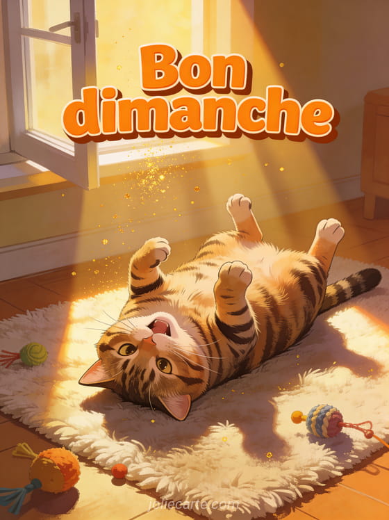 Gros chat tigré couché sur le dos dans un rayon de soleil sur un tapis avec les pattes en l'air et une expression de béatitude, texte Bon dimanche orange