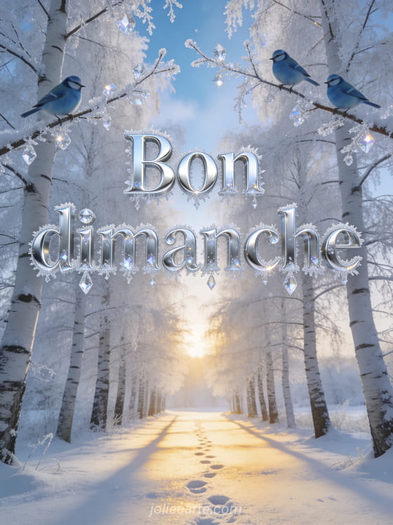Allée de bouleaux blancs couverts de givre sous un ciel bleu pastel, neige fraîche au sol, mésanges bleues sur les branches et soleil bas d'hiver, texte Bon dimanche argenté