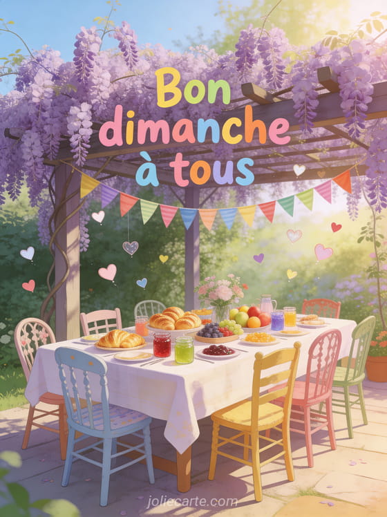 Grande table de brunch en extérieur sous une pergola de glycine mauve, viennoiseries, fruits frais, guirlande de fanions colorés, texte Bon dimanche à tous