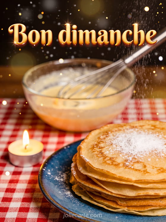 Pile de crêpes dorées sur assiette en céramique bleue avec sucre en poudre, chandelle allumée, bol de pâte et fouet, nappe à carreaux, texte Bon dimanche