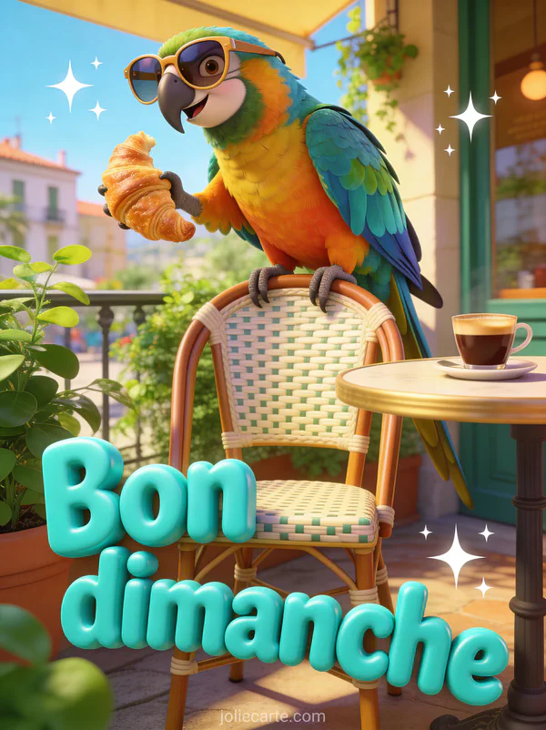 Perroquet ara multicolore portant des lunettes de soleil surdimensionnées tenant un croissant sur une terrasse de café ensoleillée, texte Bon dimanche turquoise