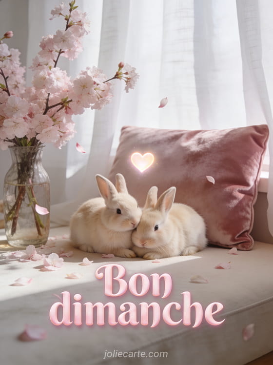 Deux petits lapins beige blottis sur un coussin en velours rose avec un bouquet de fleurs de cerisier, lumière douce matinale et petit coeur lumineux, texte Bon dimanche