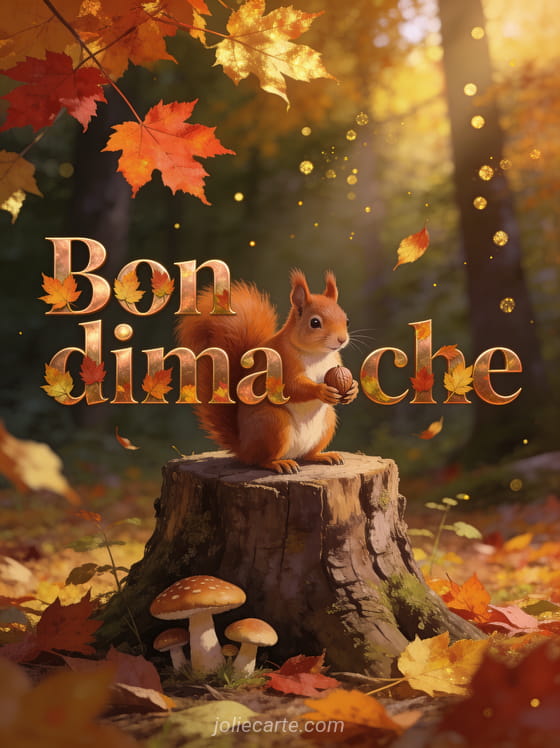Écureuil roux assis sur une souche tenant une noisette dans une forêt automnale, feuilles d'érable rouge et doré tombantes, lumière dorée, texte Bon dimanche cuivré