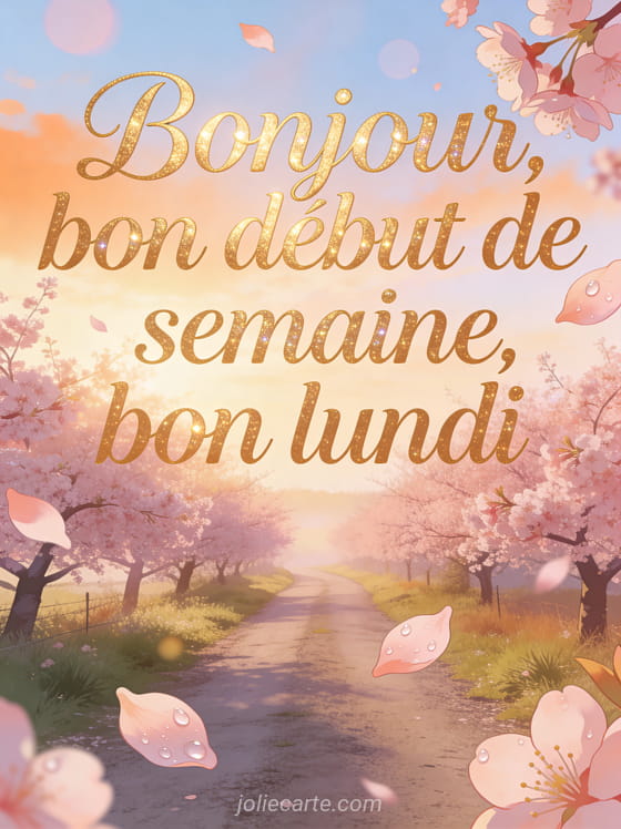Chemin de campagne bordé de cerisiers en fleurs roses au lever du soleil avec le texte Bonjour bon début de semaine bon lundi