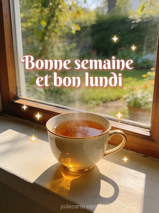 Tasse de thé fumante sur un rebord de fenêtre en bois avec jardin verdoyant et étoiles lumineuses avec le texte Bonne semaine et bon lundi