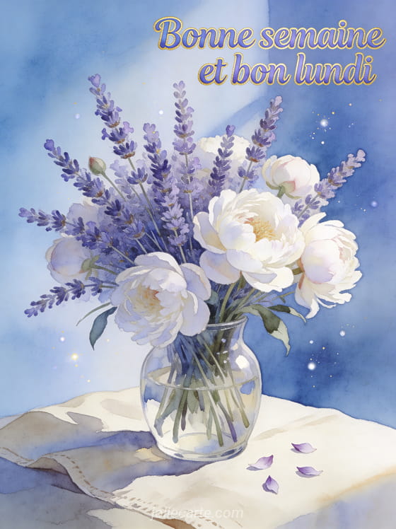 Bouquet de lavandes et pivoines blanches dans un vase en verre sur une table en lin style aquarelle avec le texte Bonne semaine et bon lundi
