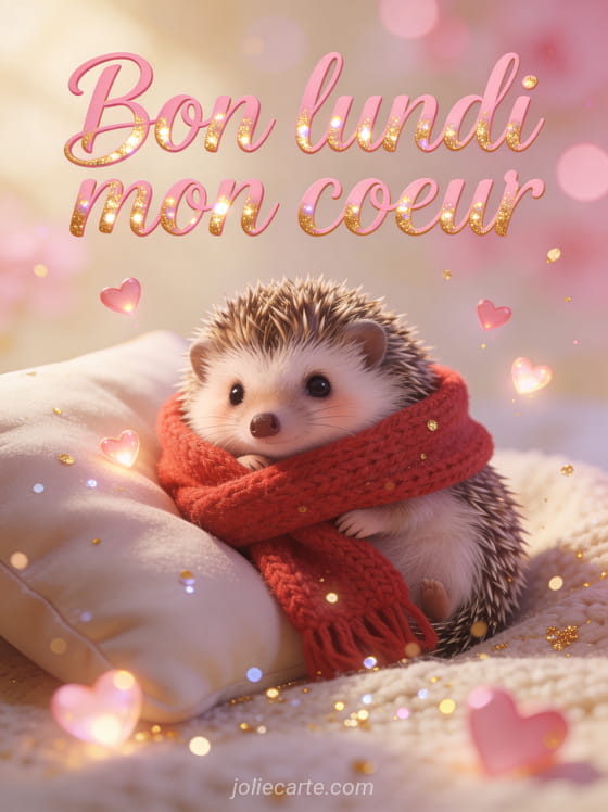 Petit hérisson mignon blotti dans une écharpe rouge sur un coussin avec coeurs lumineux et le texte Bon lundi mon coeur