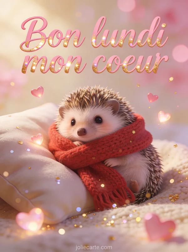 Petit hérisson mignon blotti dans une écharpe rouge sur un coussin avec coeurs lumineux et le texte Bon lundi mon coeur