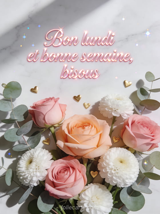 Composition florale vue du dessus avec roses anglaises roses et eucalyptus sur marbre avec coeurs dorés et le texte Bon lundi et bonne semaine bisous