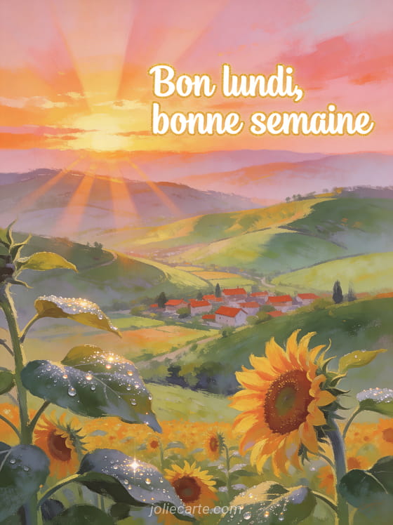 Collines verdoyantes sous un lever de soleil rosé avec village aux toits rouges et champ de tournesols avec le texte Bon lundi bonne semaine