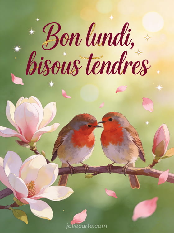 Deux rouges-gorges posés côte à côte sur une branche de magnolia en fleurs avec pétales roses et le texte Bon lundi bisous tendres