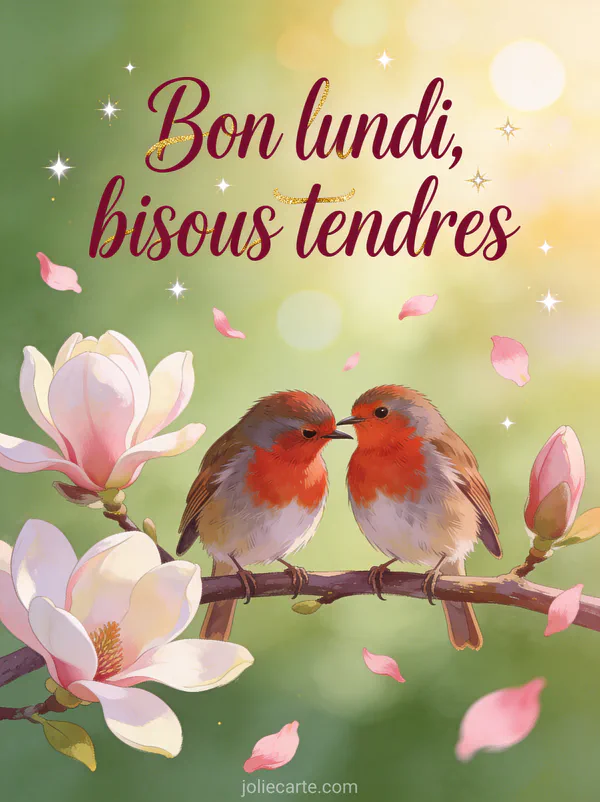Deux rouges-gorges posés côte à côte sur une branche de magnolia en fleurs avec pétales roses et le texte Bon lundi bisous tendres